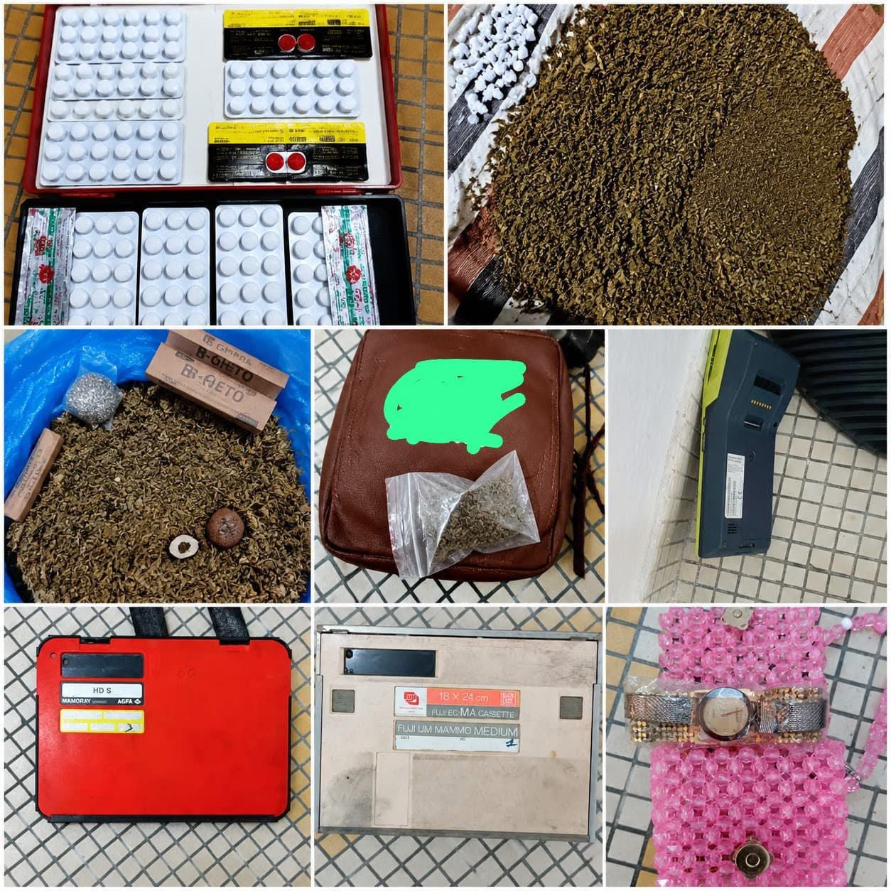 Blister de comprimés, sachets de poudre, petits sacs plastiques de produit vert, détecteur, disquettes et sac à main rose en perles