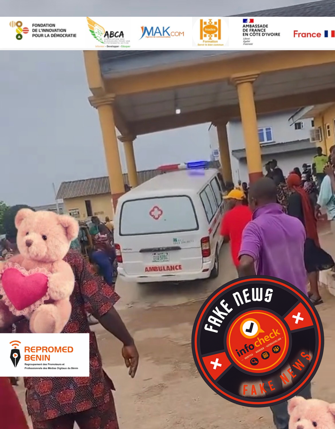 Ambulance quittant un bâtiment sous un auvent entourée de plusieurs personnes debout et marchant sur un sol mouillé