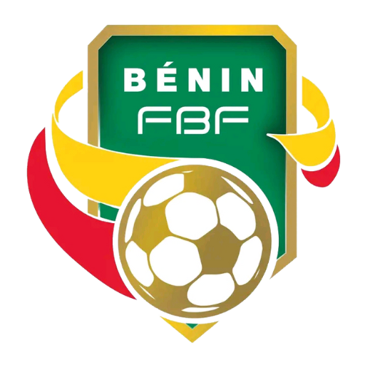 Blason vert avec texte blanc BÉNIN FBF surmonté d un ballon de football doré entouré d un ruban rouge et jaune