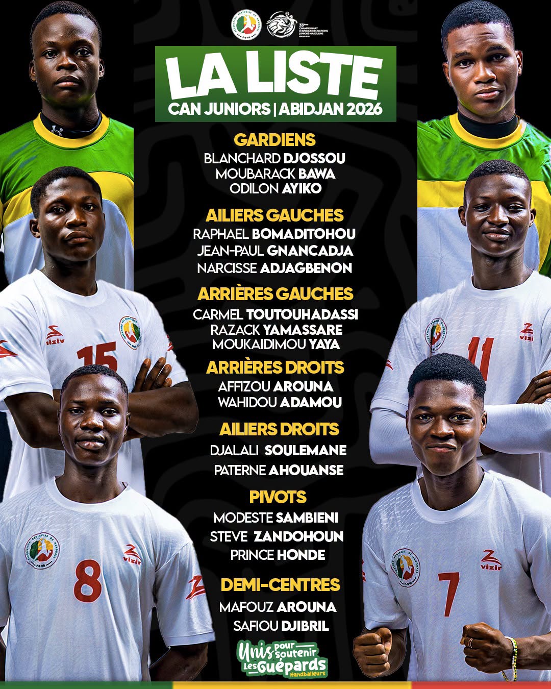 Portraits de six jeunes joueurs de handball avec liste des 18 sélectionnés